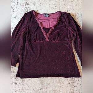 Burgundy Velvet Lace-Trim Top – Size L